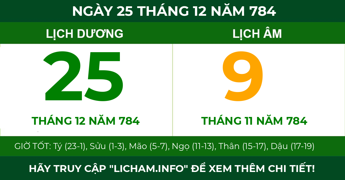 lịch âm ngày 25 tháng 12 năm 784