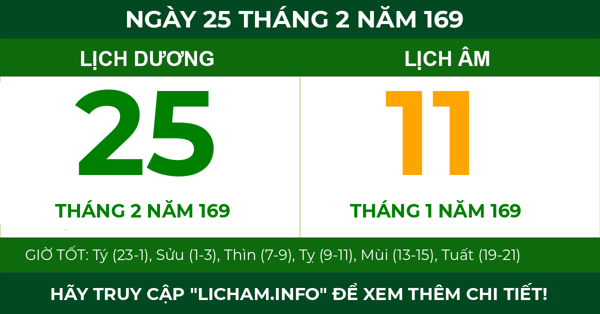 lịch âm ngày 25 tháng 2 năm 169