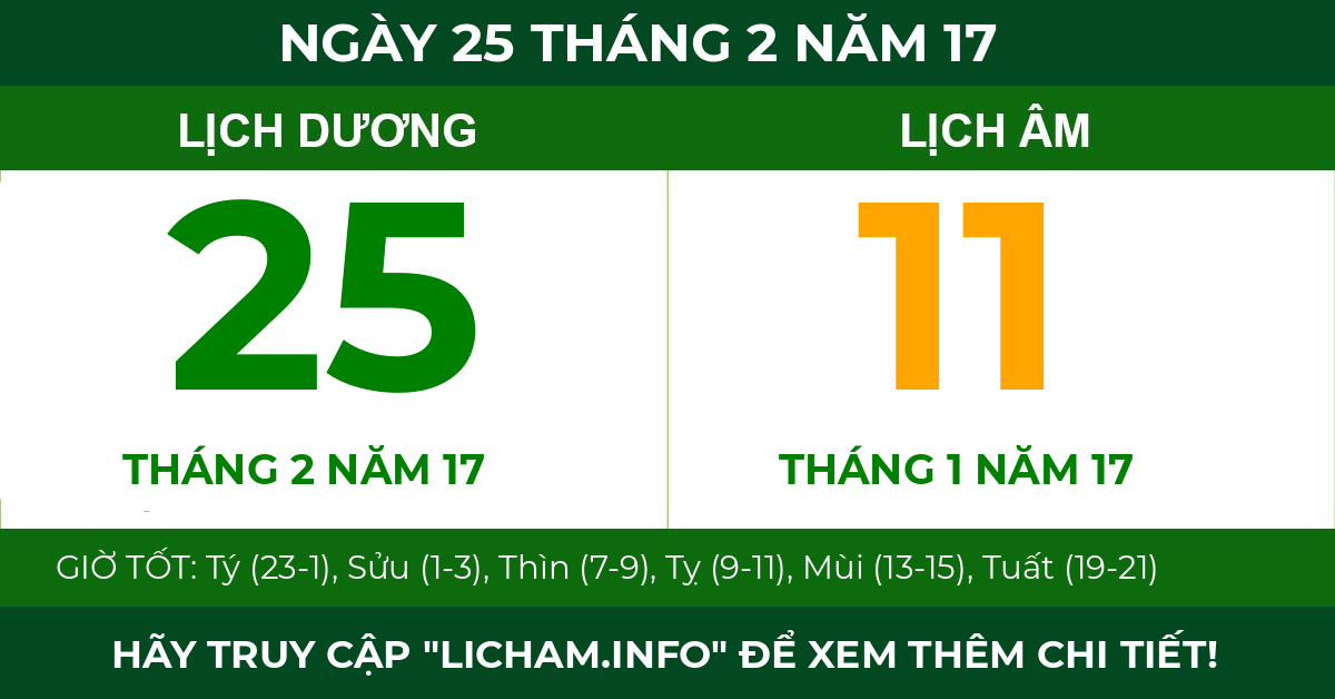 lịch âm ngày 25 tháng 2 năm 17