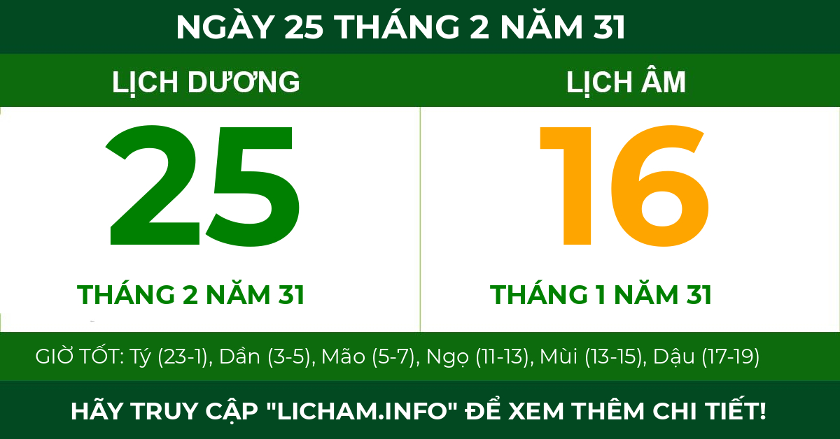 lịch âm ngày 25 tháng 2 năm 31