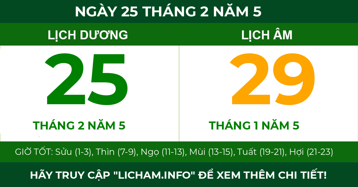 lịch âm ngày 25 tháng 2 năm 5