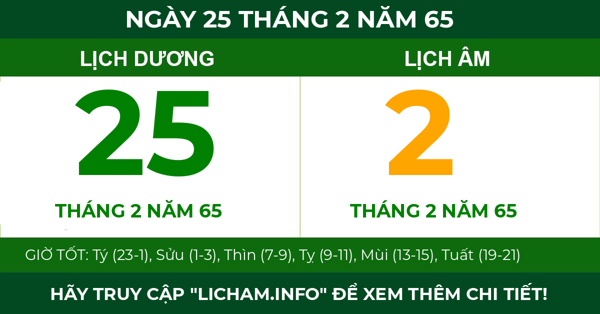 lịch âm ngày 25 tháng 2 năm 65