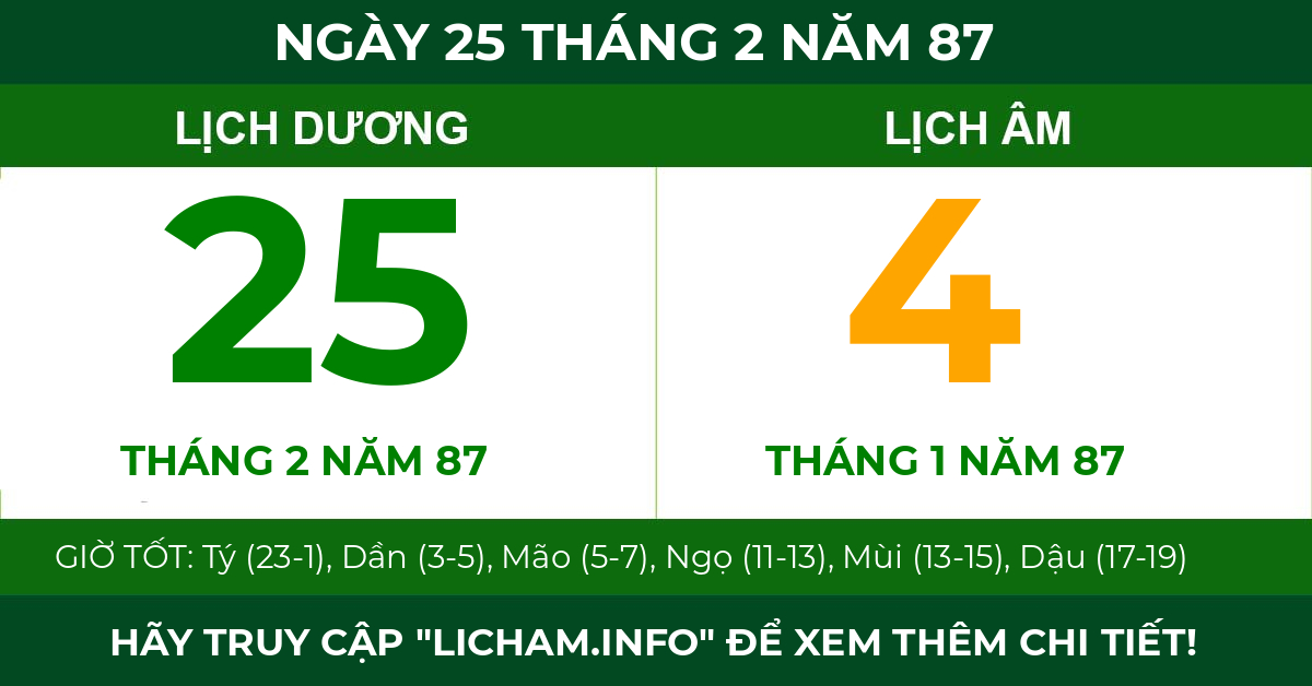 lịch âm ngày 25 tháng 2 năm 87