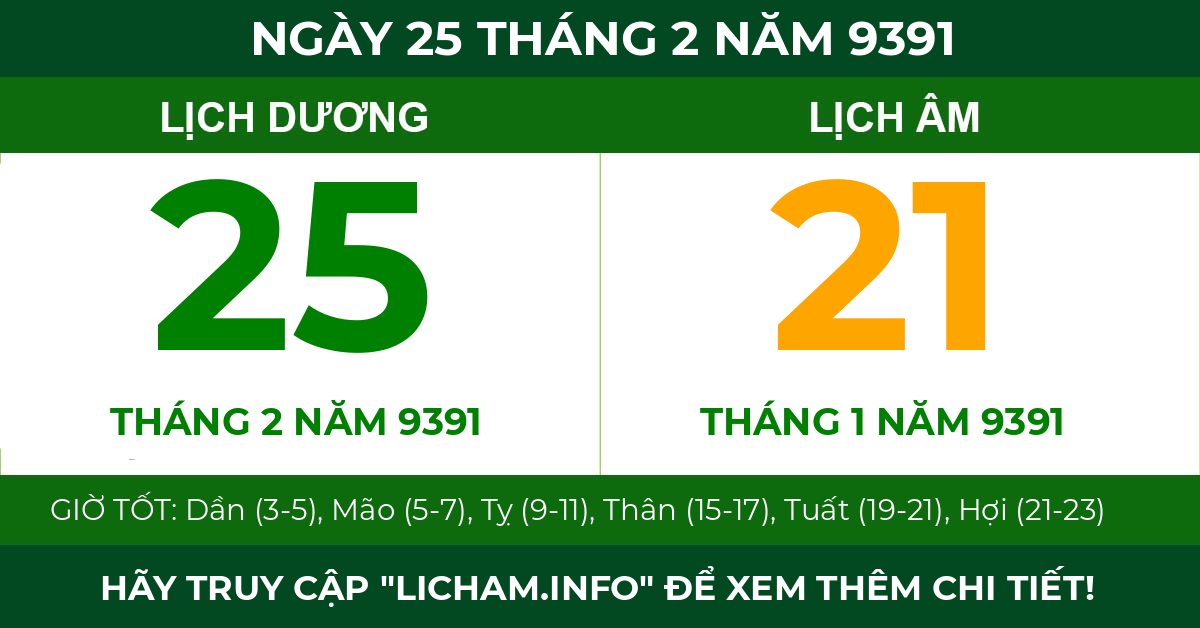 lịch âm ngày 25 tháng 2 năm 9391