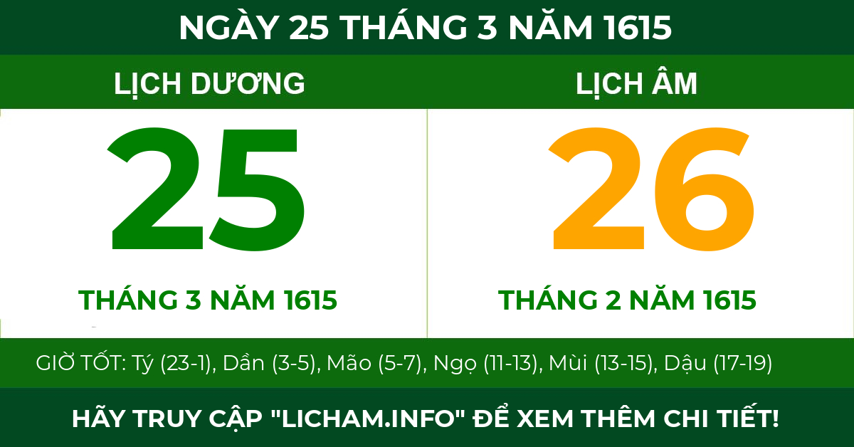 lịch âm ngày 25 tháng 3 năm 1615