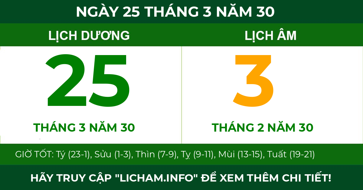 lịch âm ngày 25 tháng 3 năm 30