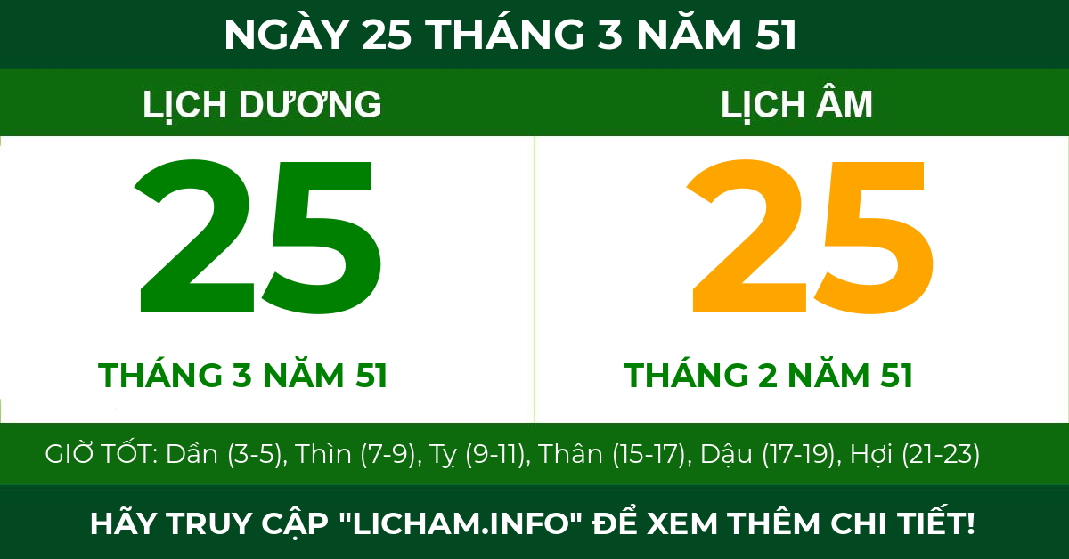 lịch âm ngày 25 tháng 3 năm 51