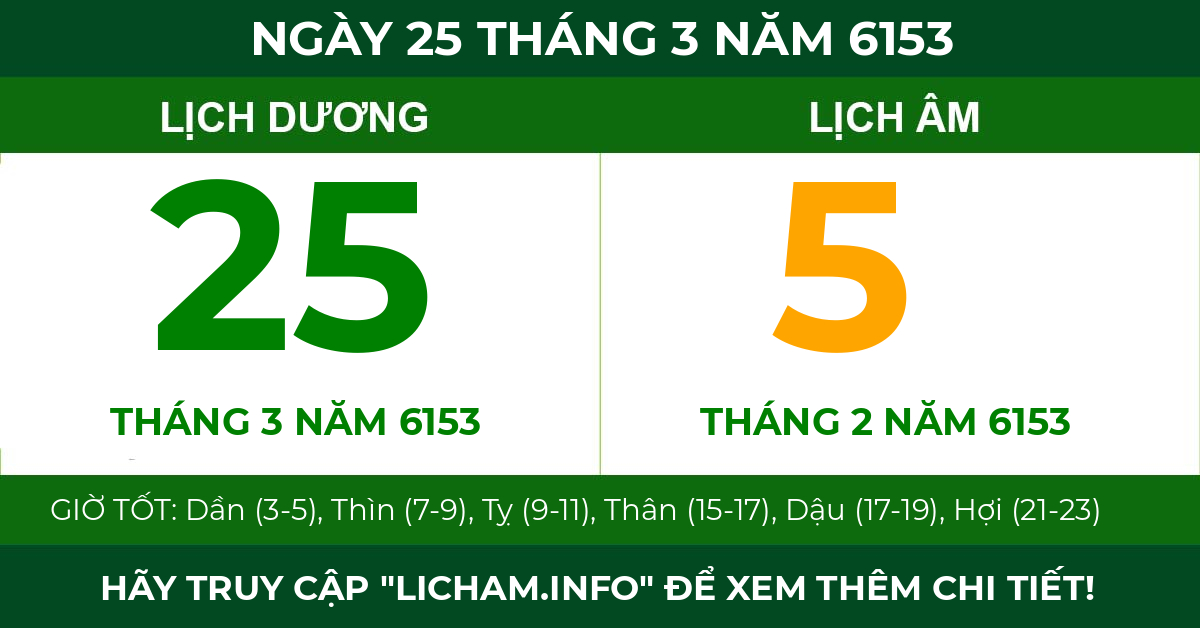 lịch âm ngày 25 tháng 3 năm 6153