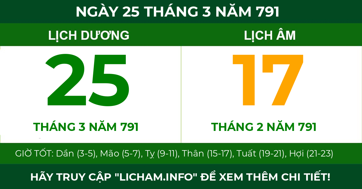 lịch âm ngày 25 tháng 3 năm 791