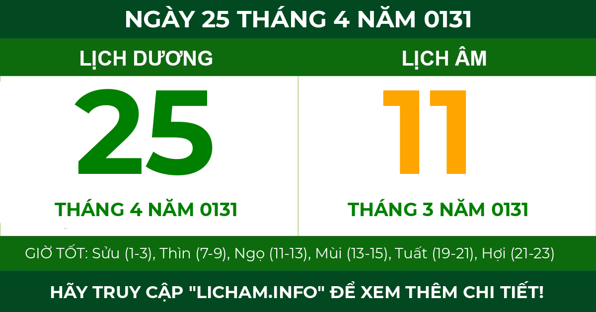 lịch âm ngày 25 tháng 4 năm 0131
