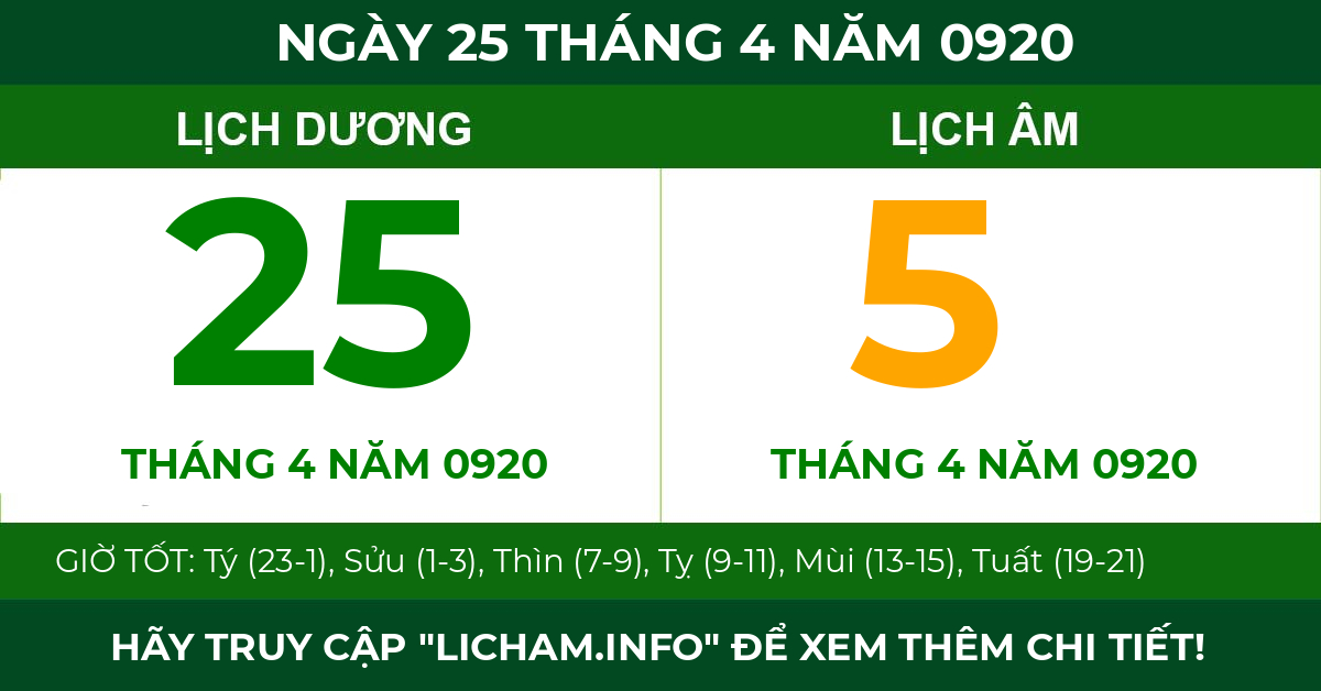 lịch âm ngày 25 tháng 4 năm 0920