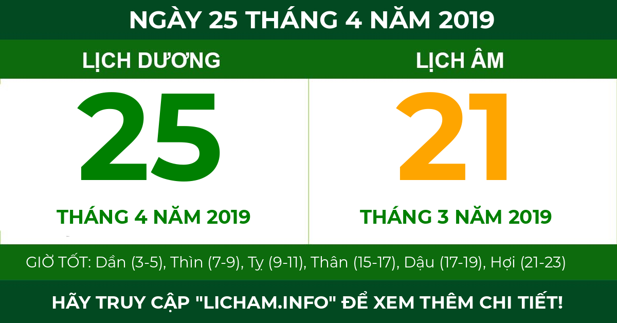 lịch âm ngày 25 tháng 4 năm 2019