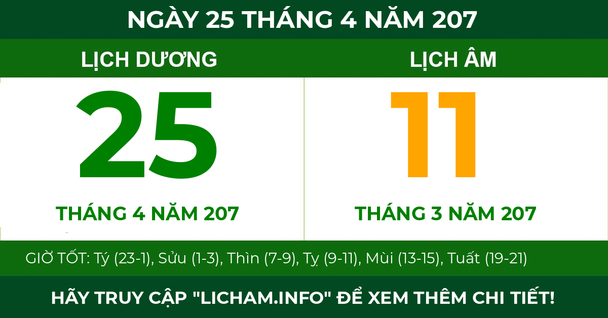 lịch âm ngày 25 tháng 4 năm 207