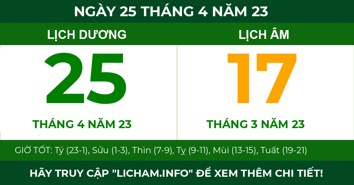 lịch âm ngày 25 tháng 4 năm 23