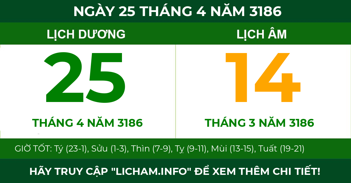 lịch âm ngày 25 tháng 4 năm 3186