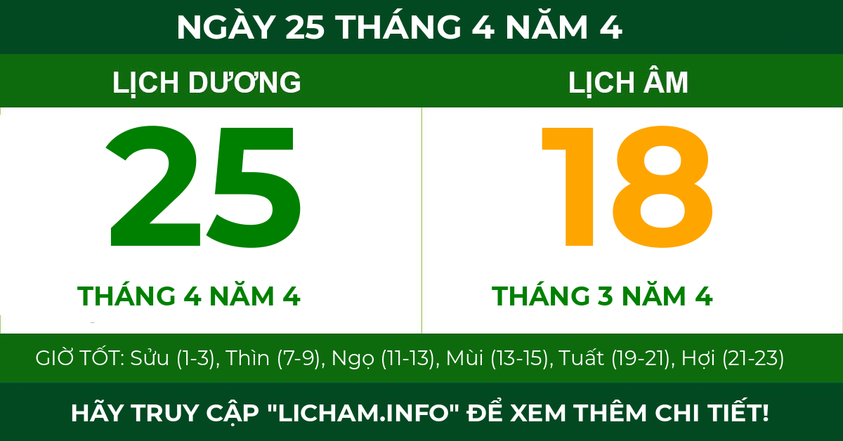 lịch âm ngày 25 tháng 4 năm 4