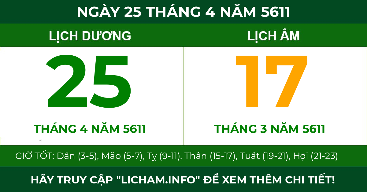 lịch âm ngày 25 tháng 4 năm 5611
