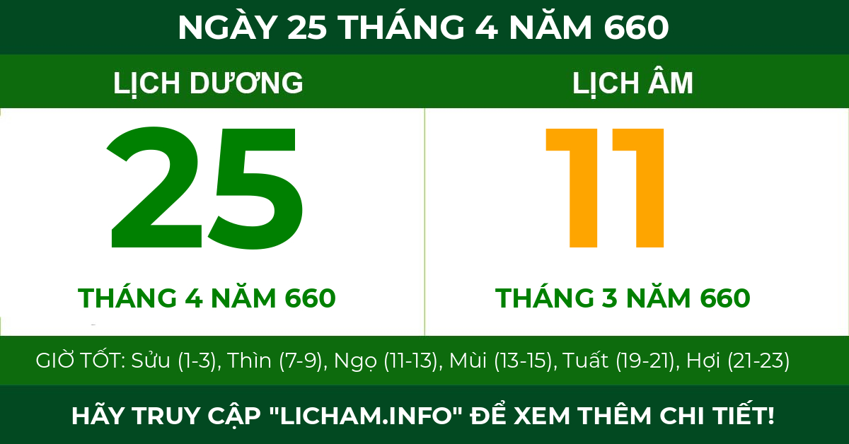 lịch âm ngày 25 tháng 4 năm 660