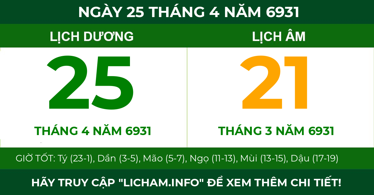 lịch âm ngày 25 tháng 4 năm 6931