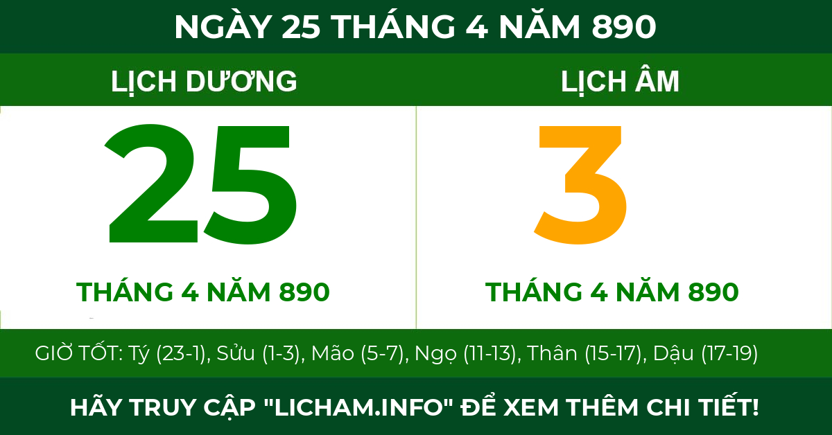 lịch âm ngày 25 tháng 4 năm 890