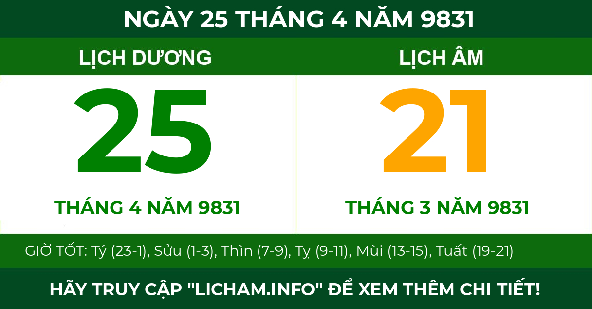 lịch âm ngày 25 tháng 4 năm 9831