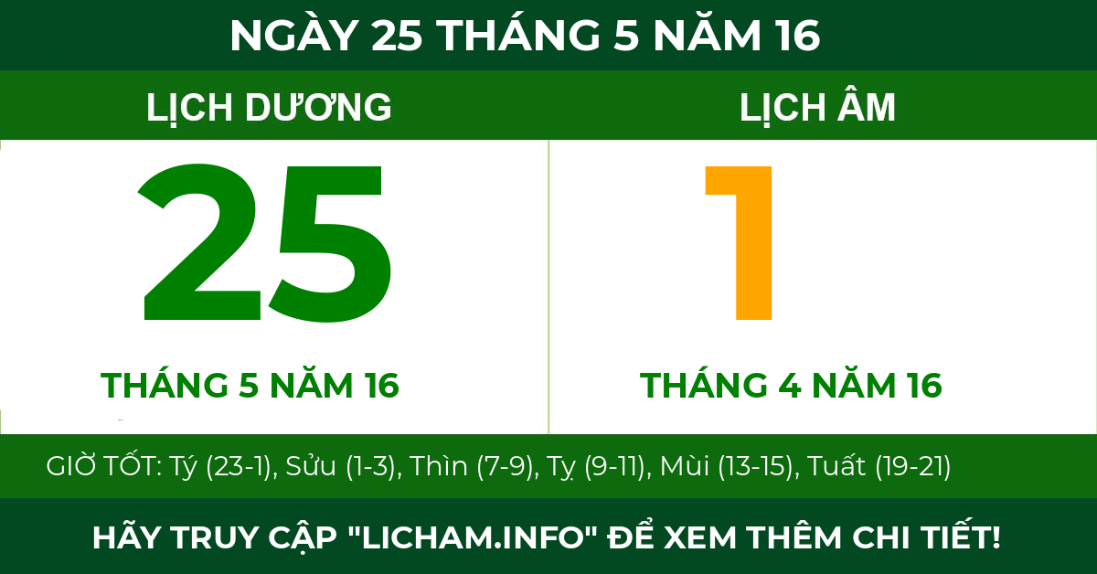 lịch âm ngày 25 tháng 5 năm 16