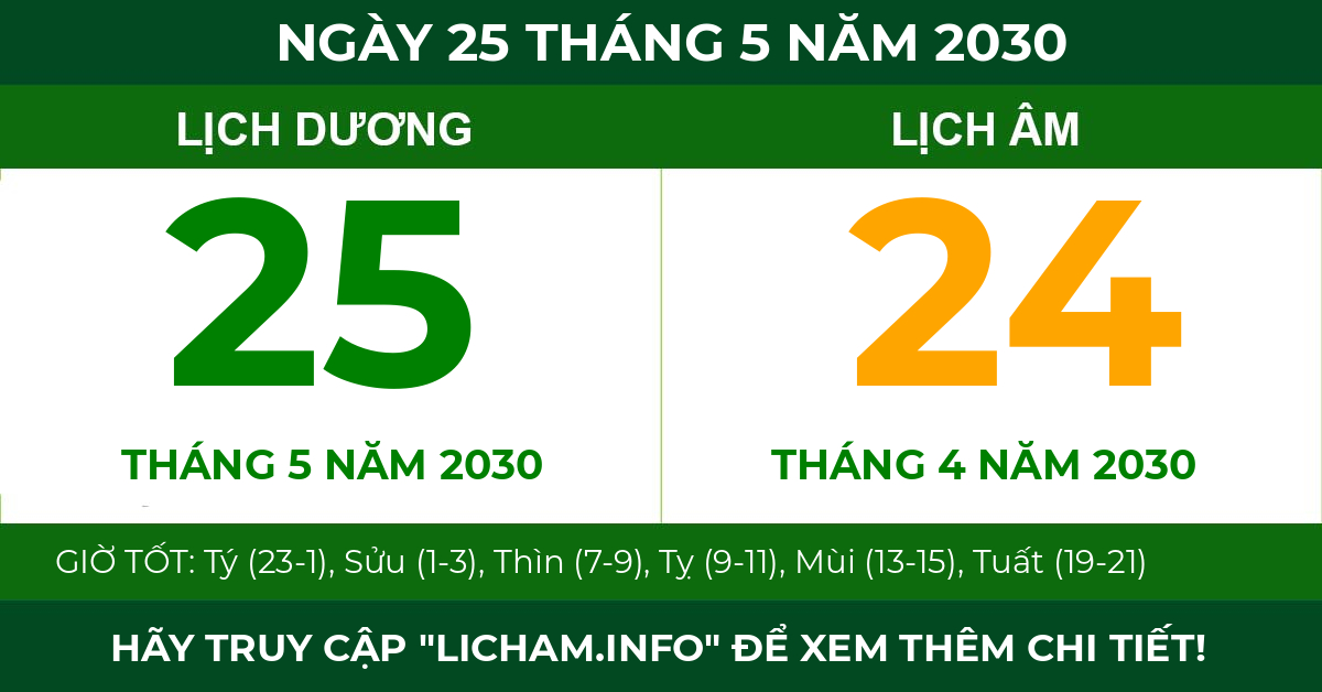 lịch âm ngày 25 tháng 5 năm 2030