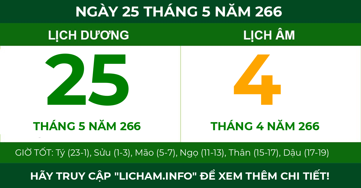 lịch âm ngày 25 tháng 5 năm 266