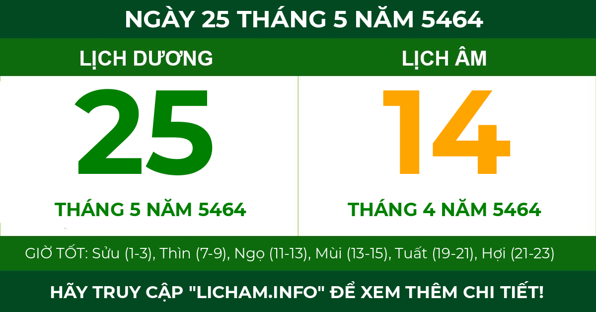 lịch âm ngày 25 tháng 5 năm 5464