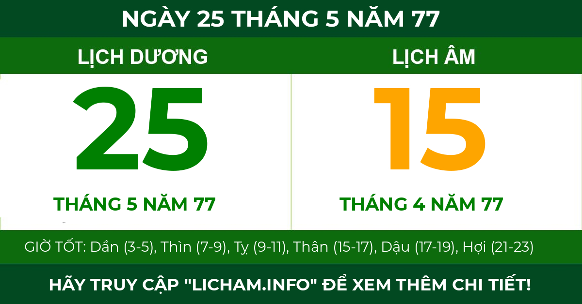 lịch âm ngày 25 tháng 5 năm 77