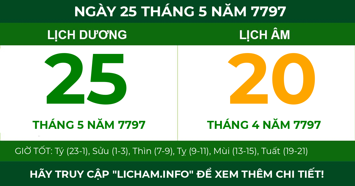 lịch âm ngày 25 tháng 5 năm 7797