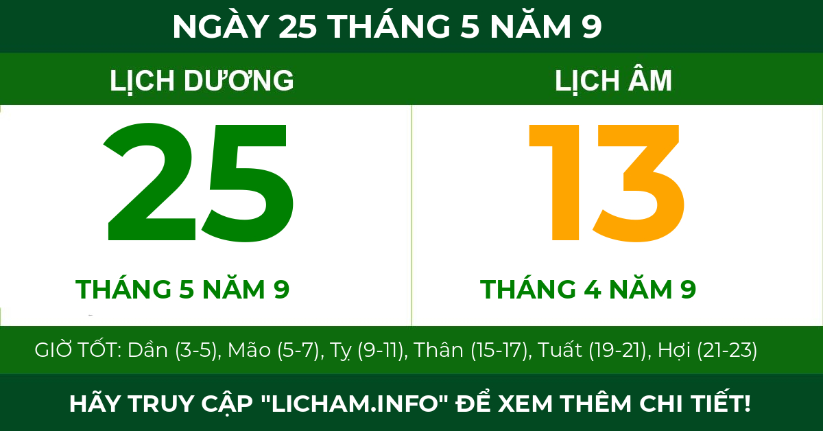 lịch âm ngày 25 tháng 5 năm 9