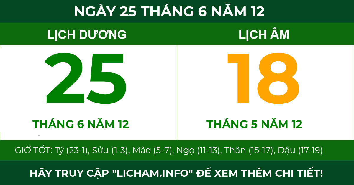 lịch âm ngày 25 tháng 6 năm 12