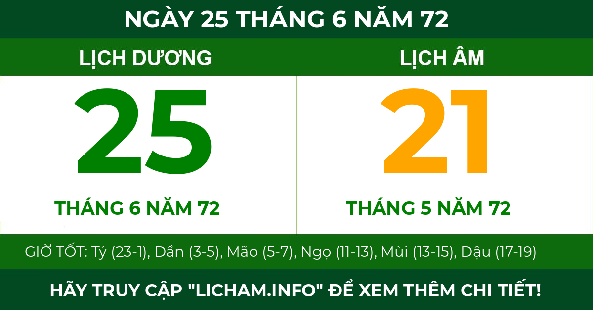 lịch âm ngày 25 tháng 6 năm 72
