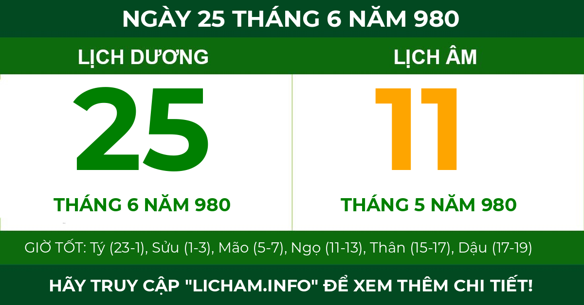 lịch âm ngày 25 tháng 6 năm 980