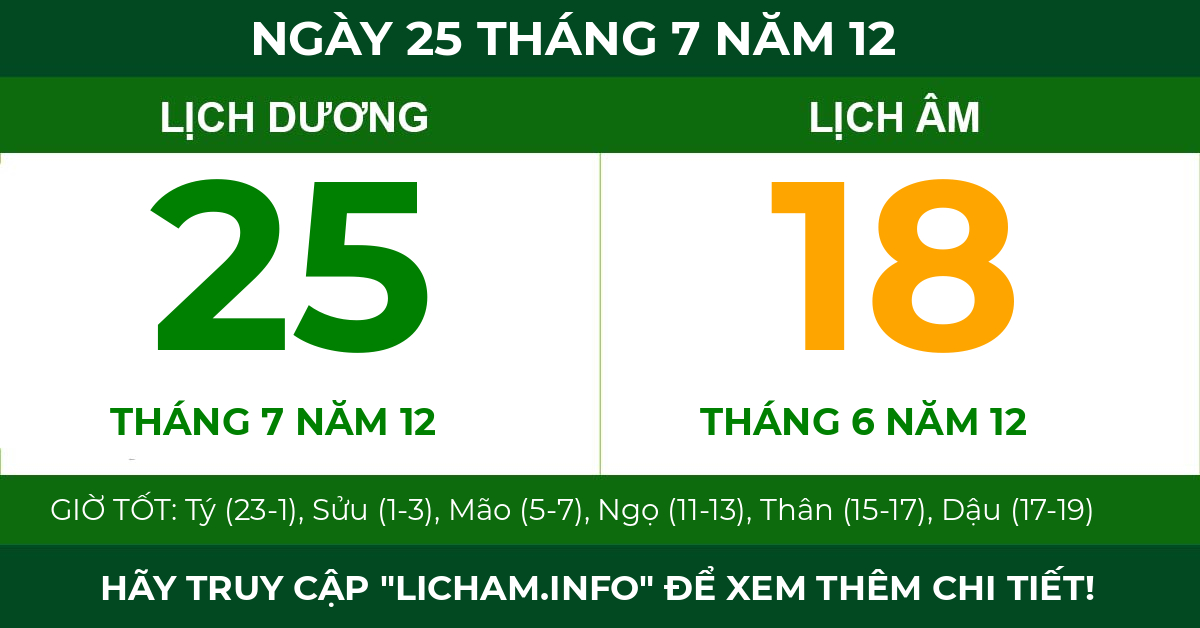 lịch âm ngày 25 tháng 7 năm 12