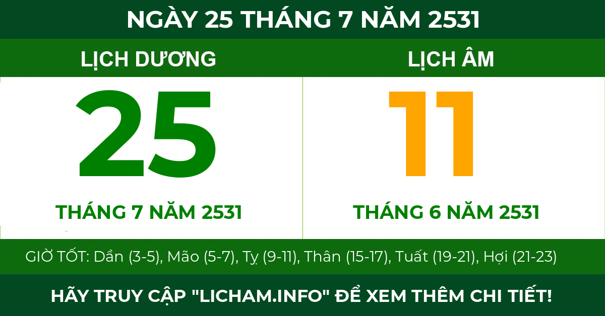 lịch âm ngày 25 tháng 7 năm 2531