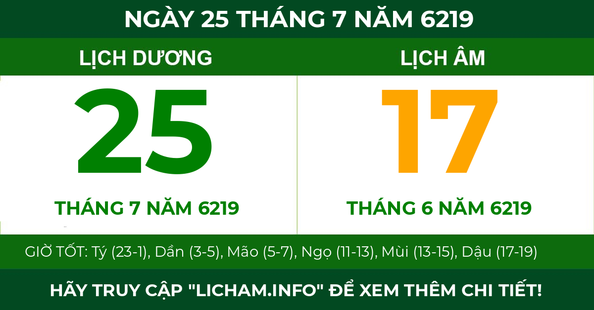 lịch âm ngày 25 tháng 7 năm 6219