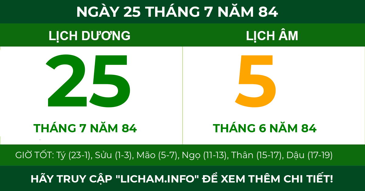 lịch âm ngày 25 tháng 7 năm 84
