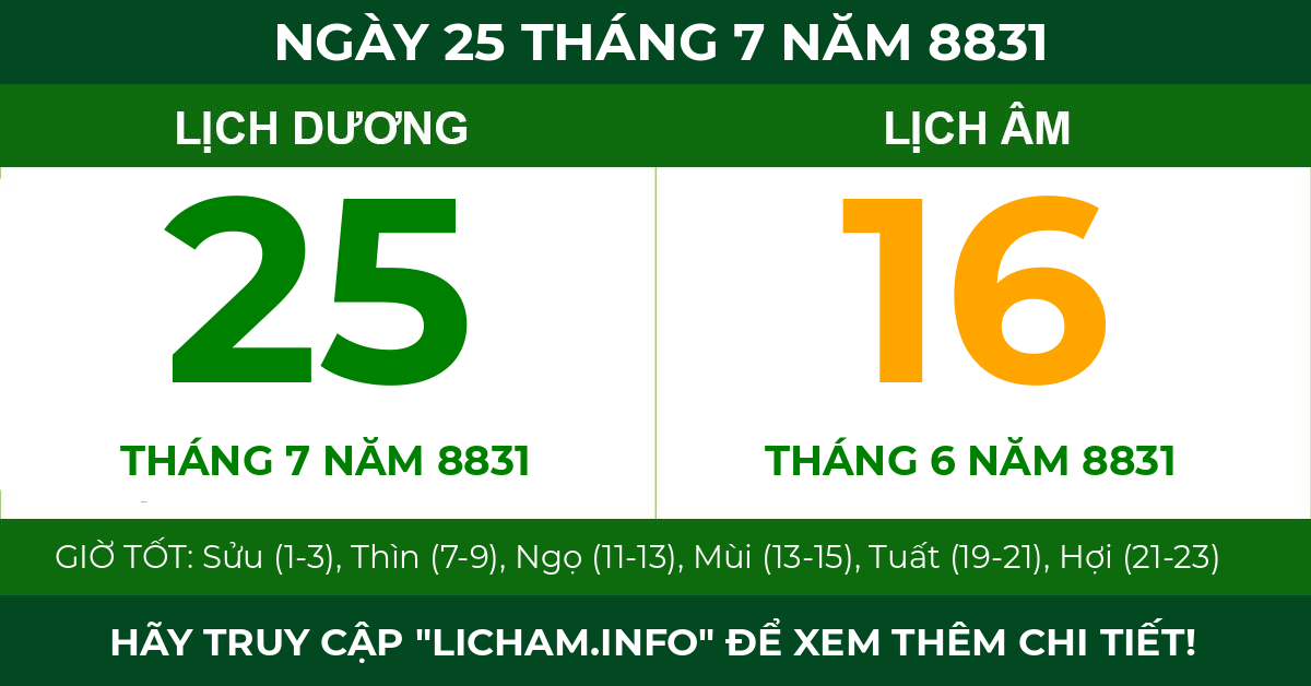 lịch âm ngày 25 tháng 7 năm 8831