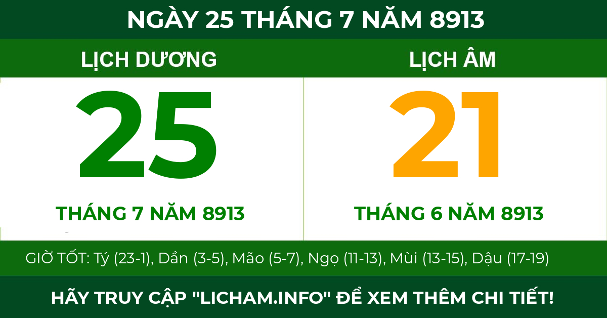 lịch âm ngày 25 tháng 7 năm 8913