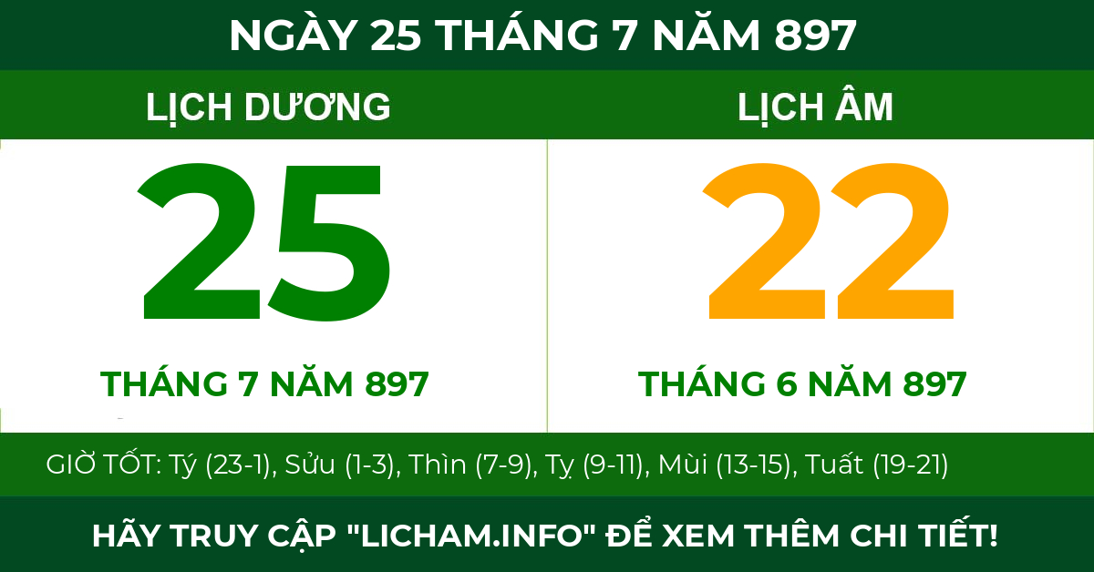 lịch âm ngày 25 tháng 7 năm 897