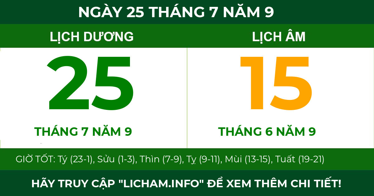 lịch âm ngày 25 tháng 7 năm 9