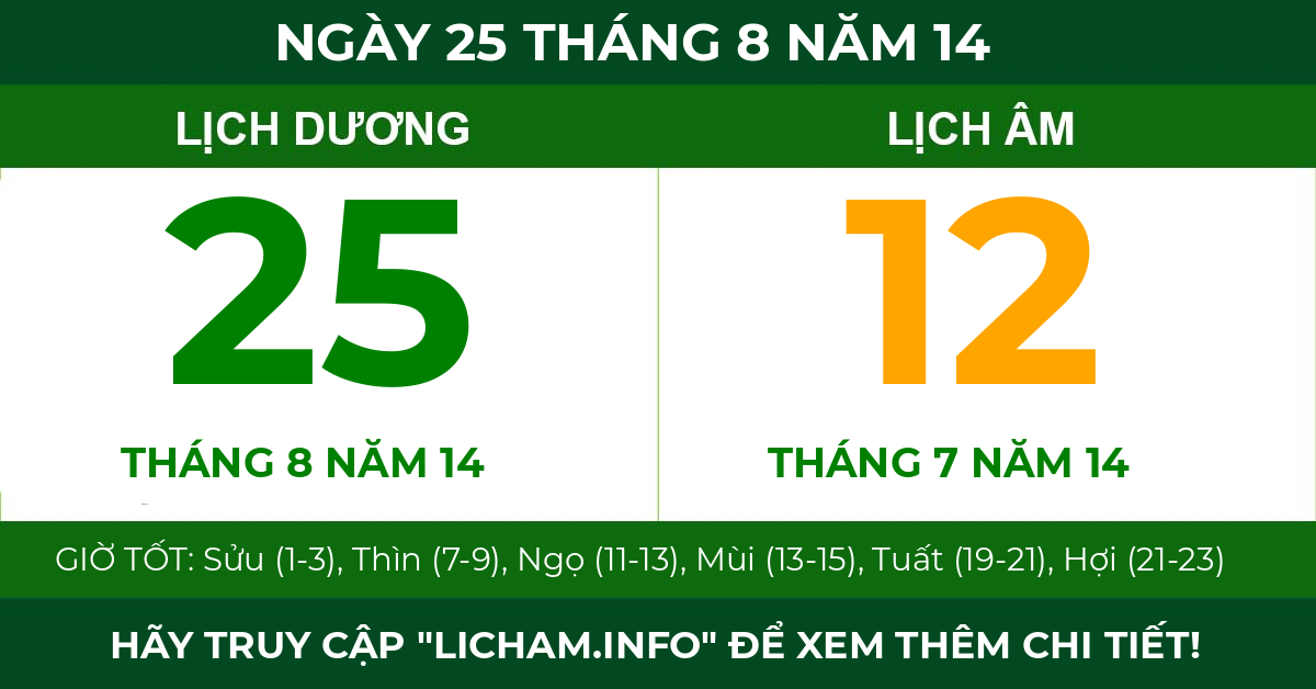 lịch âm ngày 25 tháng 8 năm 14