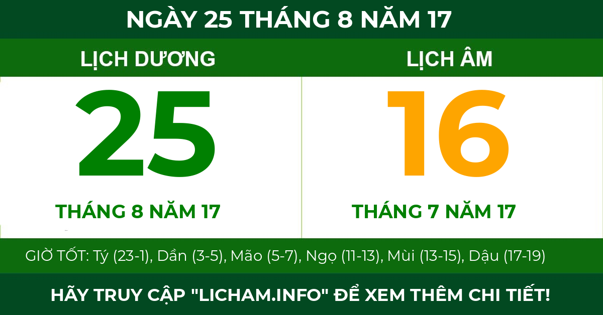 lịch âm ngày 25 tháng 8 năm 17