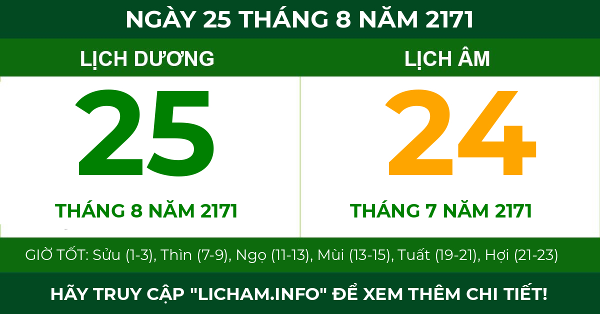 lịch âm ngày 25 tháng 8 năm 2171