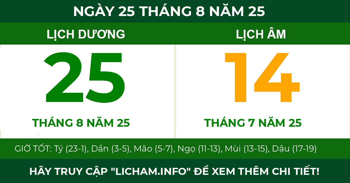 lịch âm ngày 25 tháng 8 năm 25