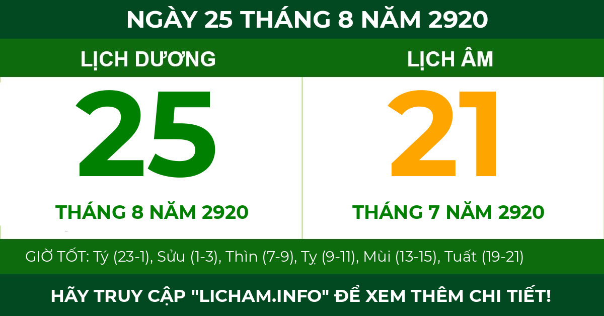 lịch âm ngày 25 tháng 8 năm 2920