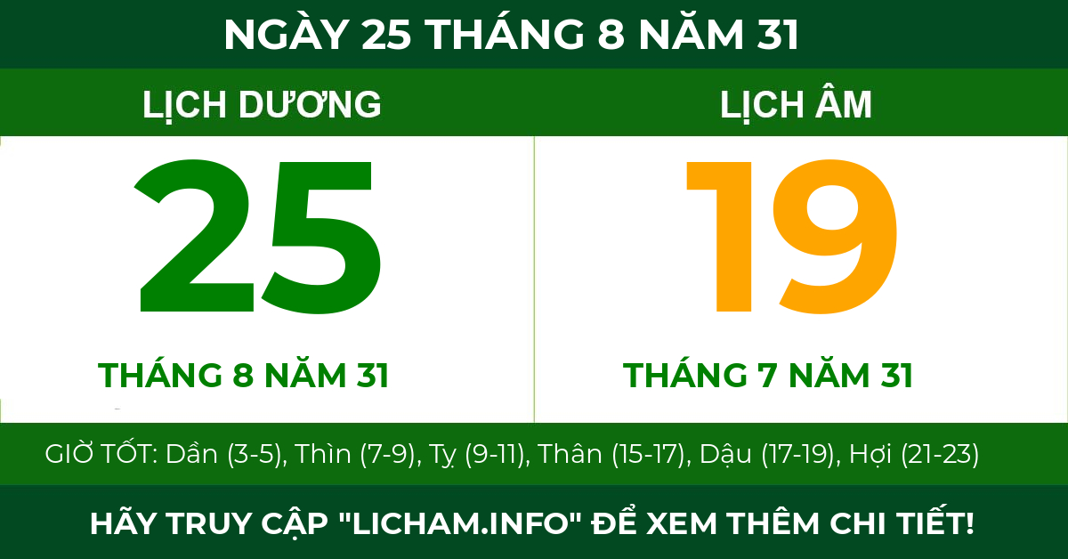 lịch âm ngày 25 tháng 8 năm 31