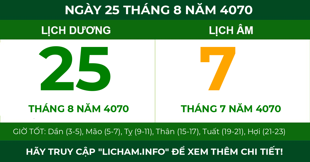 lịch âm ngày 25 tháng 8 năm 4070